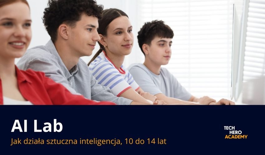 Grupa mlodziezy przy komputerach na zajeciach AI Lab