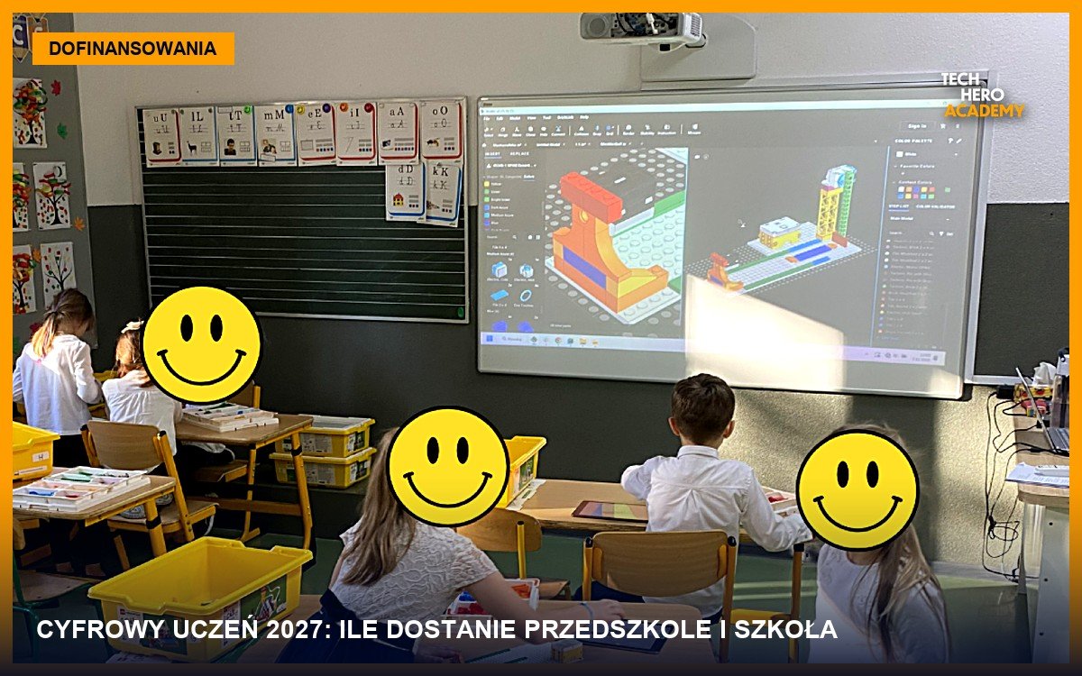 Uczniowie w klasie z tablicą interaktywną podczas zajęć z robotyki LEGO, ilustracja do artykułu o programie Cyfrowy Uczeń