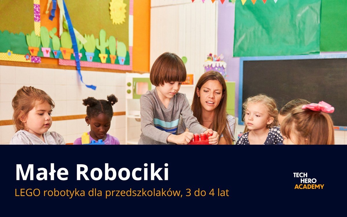 Przedszkolaki z nauczycielka przy klockach na zajeciach Male Robociki