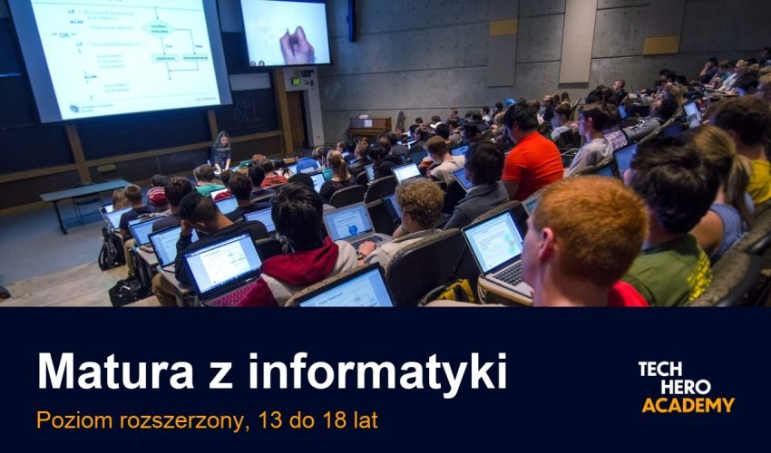 Uczniowie z laptopami na zajęciach z programowania, na ekranie instrukcja warunkowa if else