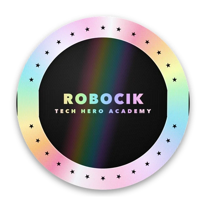 Naklejka stopnia Robocik, do którego prowadzą te zajęcia