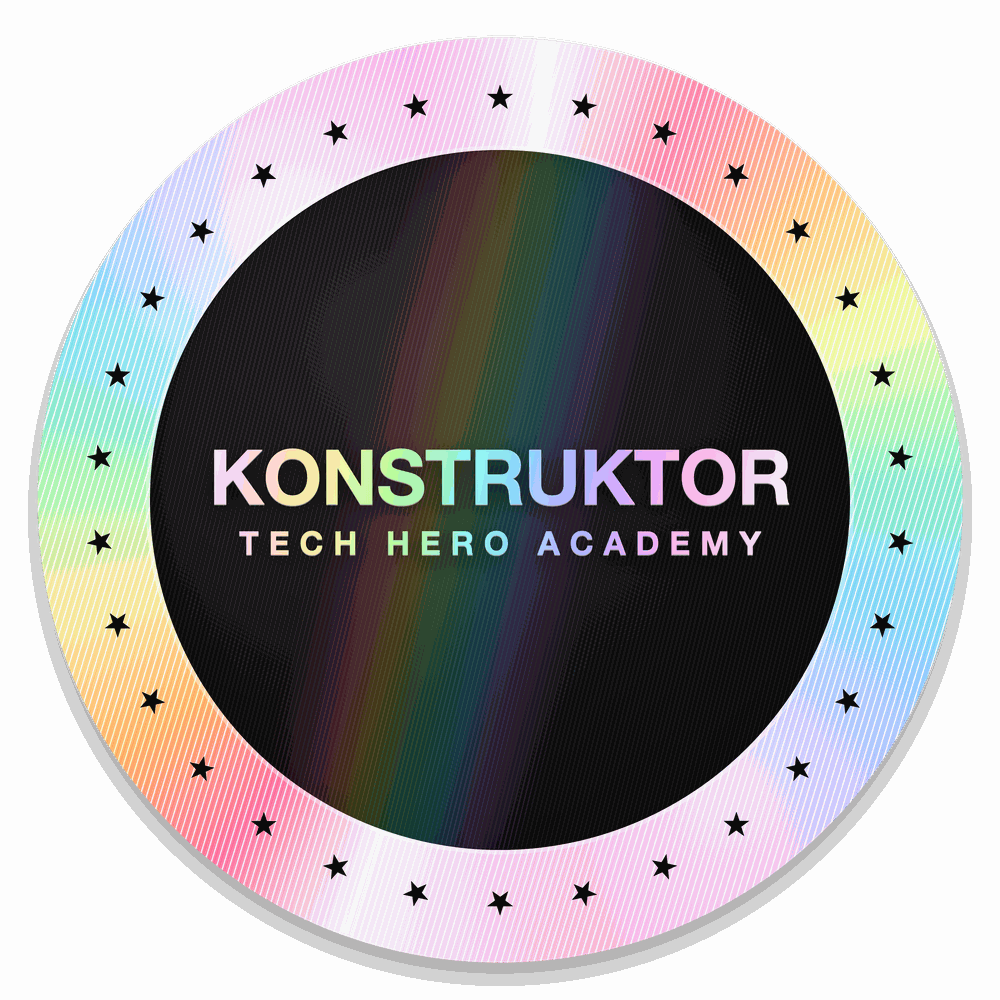Holograficzna naklejka Tech Hero Academy z napisem KONSTRUKTOR, pieczęć potwierdzająca zdobycie drugiego stopnia Ścieżki Bohatera