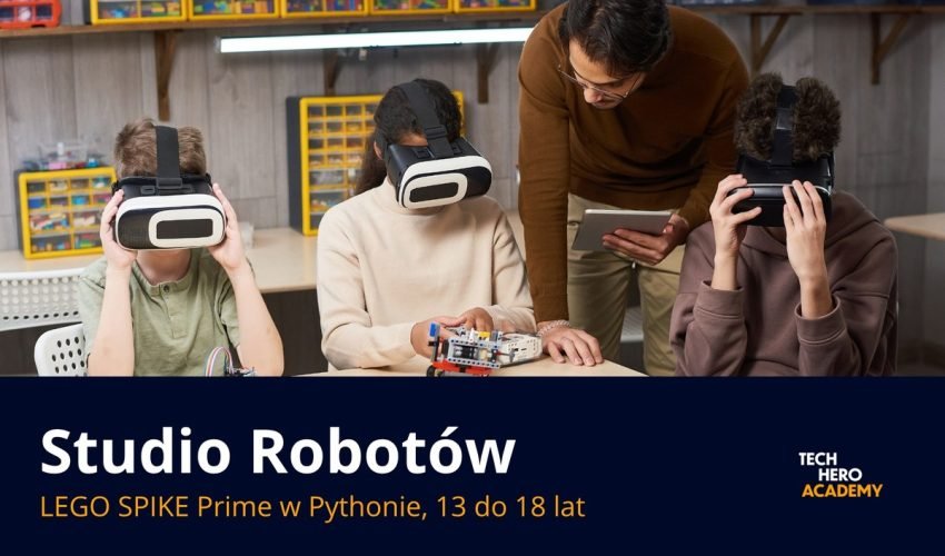 Mlodziez w goglach przy robocie na zajeciach Studio Robotow